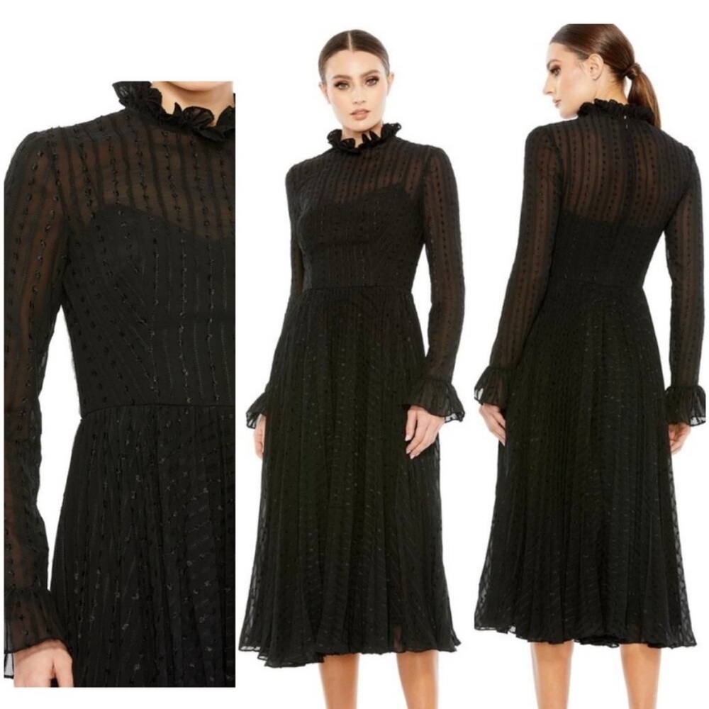 Mac Duggal 49627 Long Sleeve Embroidered Midi Dress Black Size 8